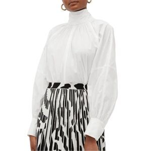 Proenza‎ Schouler Pleated High Neck Blouse Small Cotton Poplin White Long Sleeve
